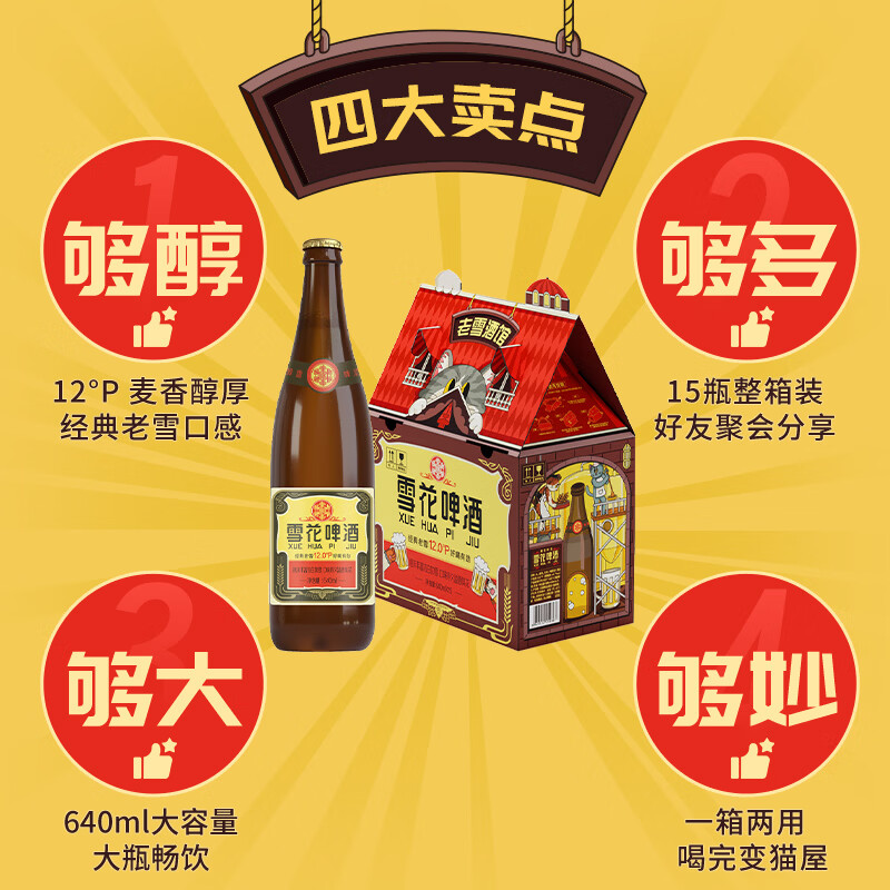 雪花啤酒 经典沈阳老雪花 麦香浓郁 猫屋版规格升级 640mL 15瓶 整箱装