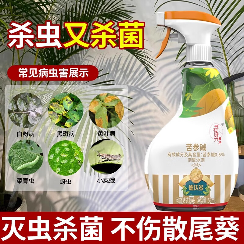 杀虫剂叶枯炭疽病黄叶干尖通用杀菌剂 苦参碱50ml*1瓶子(杀虫又杀菌)