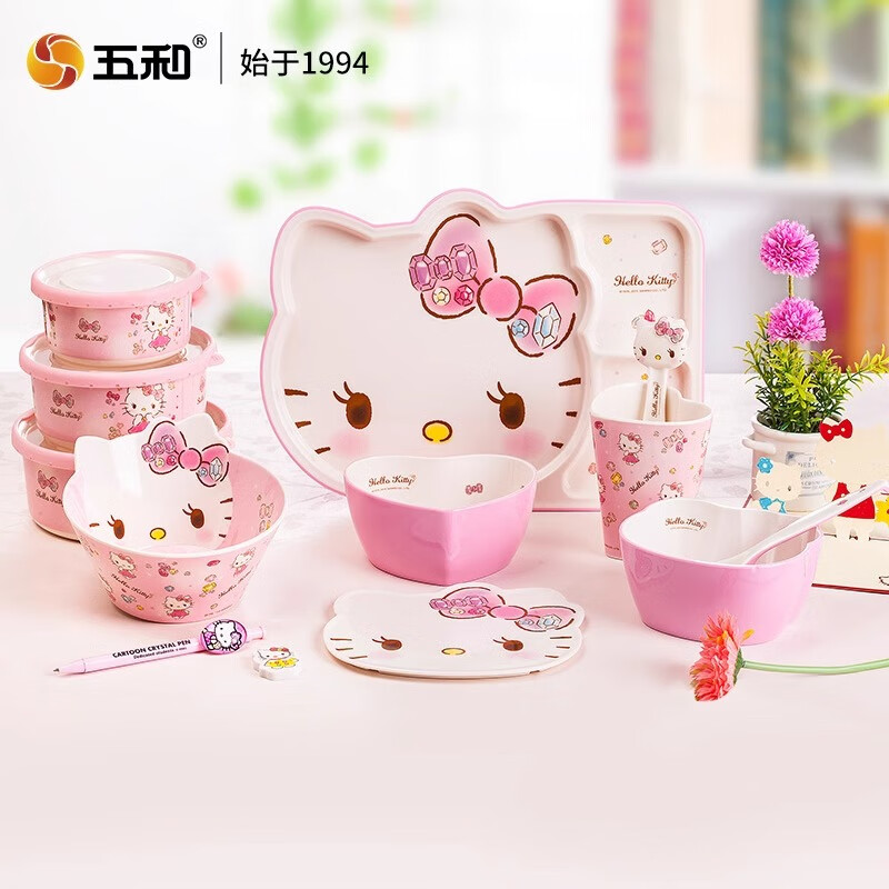 五和（WUHE）儿童碗宝宝辅食碗餐具餐盘分格宝宝三丽鸥婴儿水杯碗勺套装 凯蒂猫深碗+杯子+勺子 赠吸管