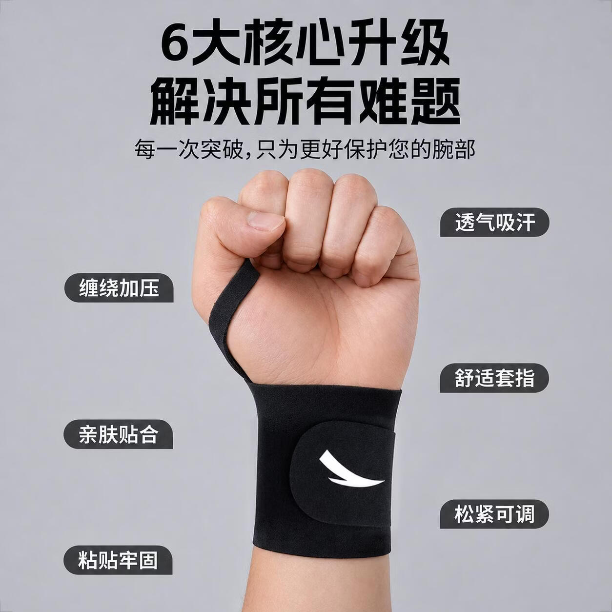 安踏腱鞘炎关节痛专用运动健身羽毛球网球护腕防扭伤薄款固定绑带护具 黑色 均码