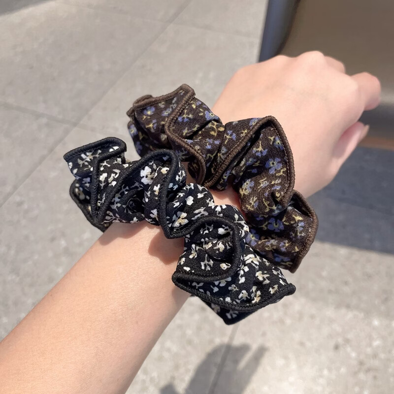海贝妮斯温柔碎花锁边布艺小肠发圈发绳感气质马尾扎头头绳女发饰 米色-锁边碎花小肠圈