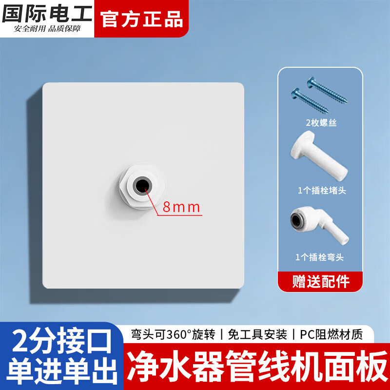 国际电工净水器管线机86型面板2二分PE管墙壁装饰白板暗盒盖板转接头配件 白色【2分单进单出】净水器盖板