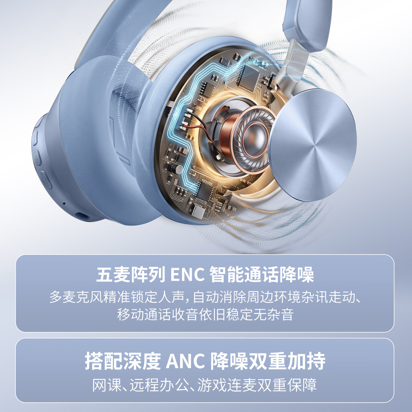 飞尼森Y03 ANC【主动降噪丨高性价比】头戴式耳机蓝牙6.0空间立体音效学生听歌学习游戏低延迟超长续航 冰川蓝 ANC版
