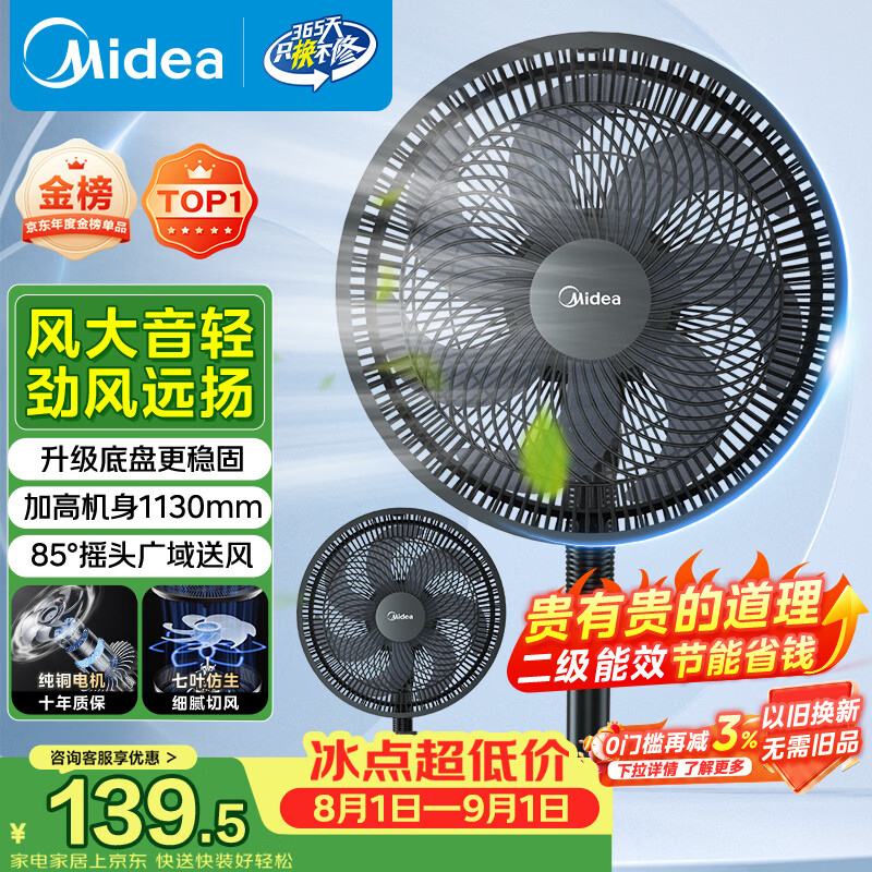 美的（Midea）【超级单品】七叶轻音立式电风扇家用柔风落地扇台式桌面小型风扇大风量节能摇头宿舍电扇 SAF30AB