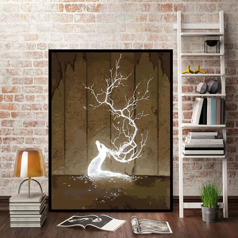 美克杰diy数字油画银光冰鹿风景花卉动物人物手绘油彩填色装饰画炫光