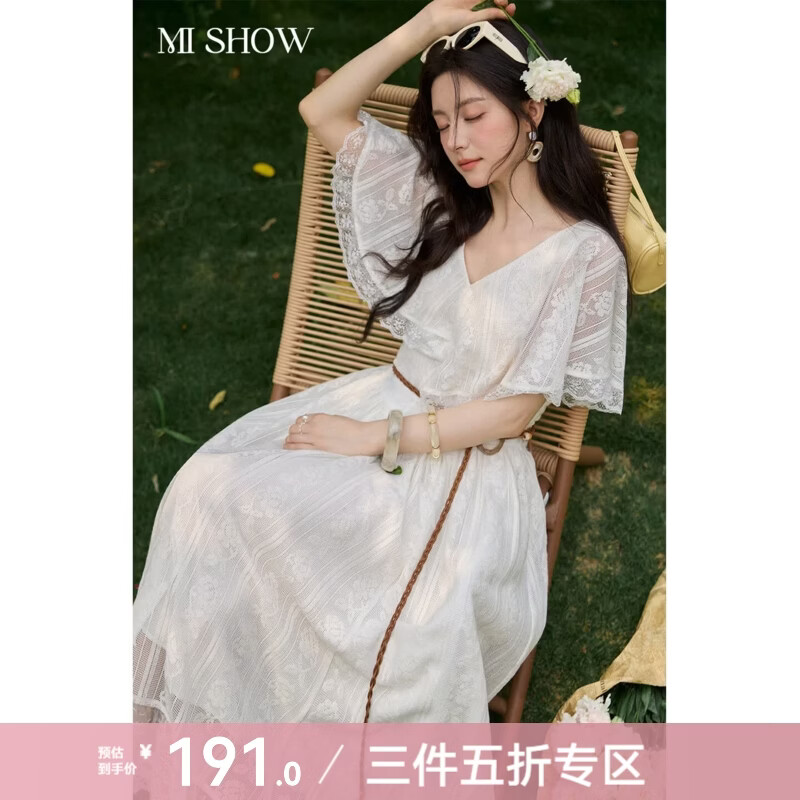 谜秀南法旧梦法式度假风2026夏季新品飞飞袖蕾丝连衣裙女复古A字裙 灰白色 暖 L