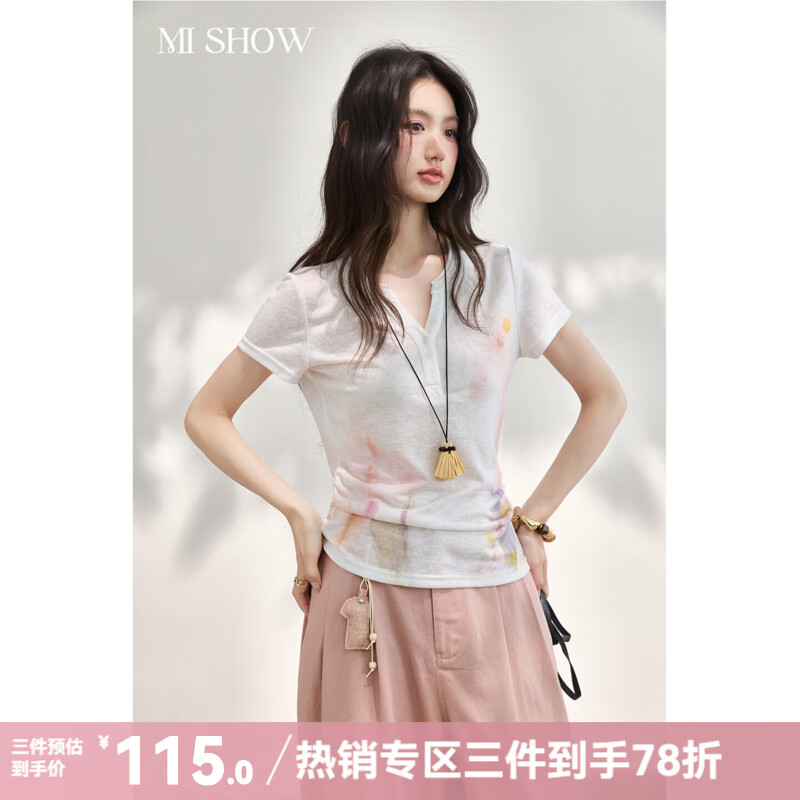 谜秀天丝晕染印花T恤女温柔水彩2026夏季新品侧边透气艺术感上衣 米白色  上衣 L