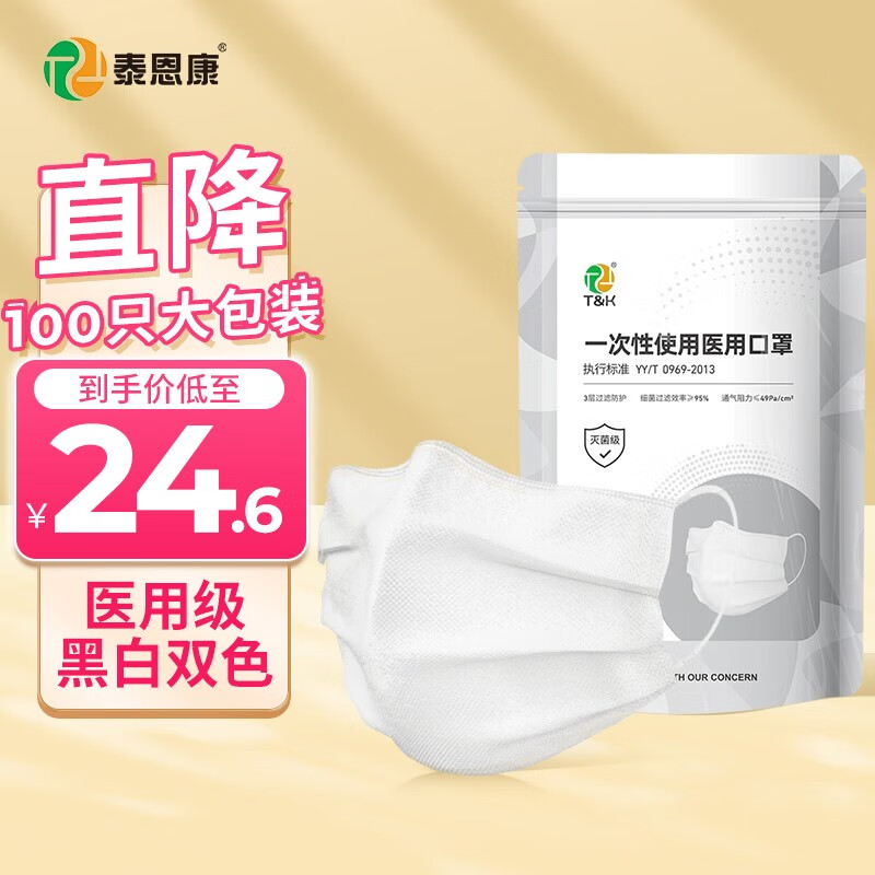 泰恩康口罩价格走势图及评测:三层自封口设计,透气轻薄防菌防流感,秋冬款雪白色小脸款100只