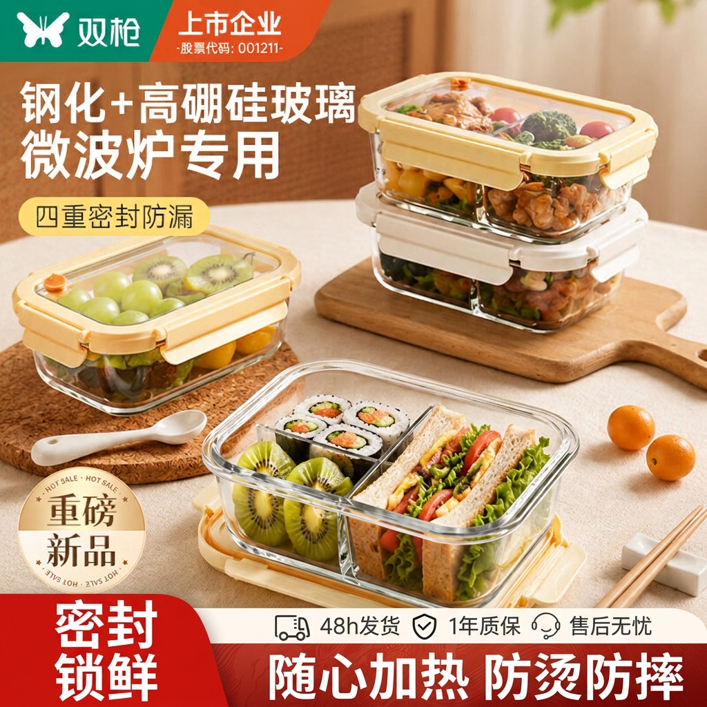 双枪琉晶玻璃玻璃饭盒微波炉加热用碗保鲜盒便当盒食品级带饭餐盒分格 【1040mL无分隔】钢化高硼硅玻璃