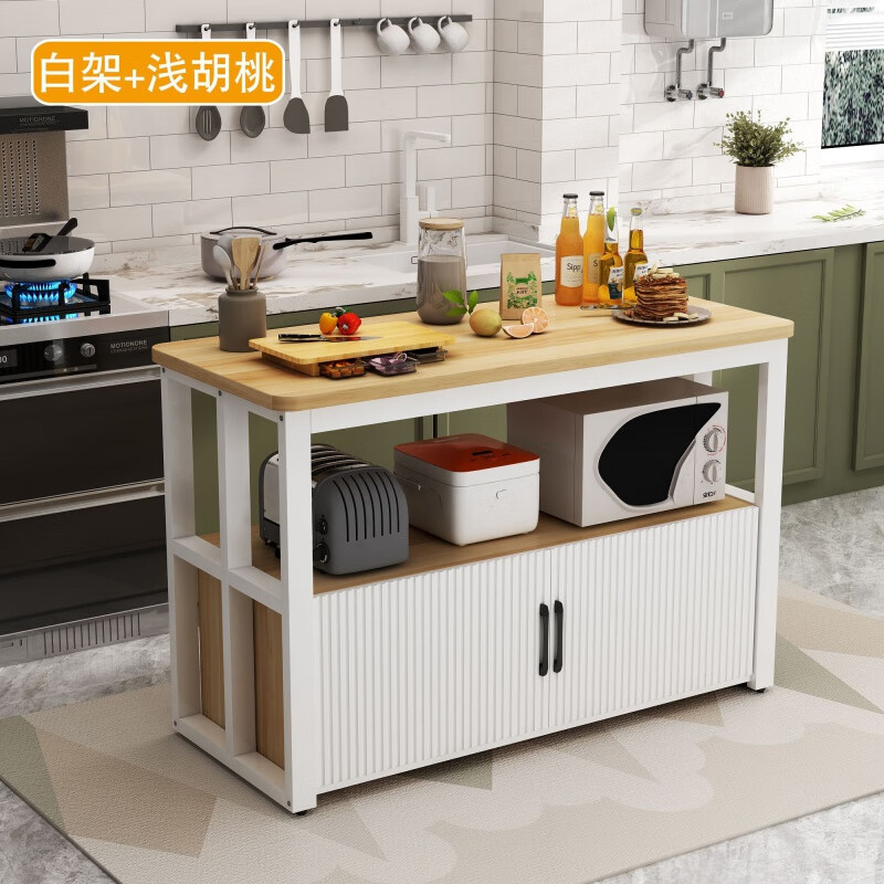 忆思暮厨房置物架落地多层切菜桌靠墙多功能储物柜家用厨房切菜桌备餐台 白架+浅胡桃 长60宽30高80【加固款】