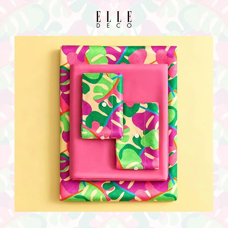 ELLE DECO床上四件套法式印花轻奢纯棉被套全棉床单学生宿舍单双人床上用品 花叶未眠 【全棉贡缎工艺+高密纱线+透气吸湿】 1.8/2.0m 床单款 (被套220*240cm)
