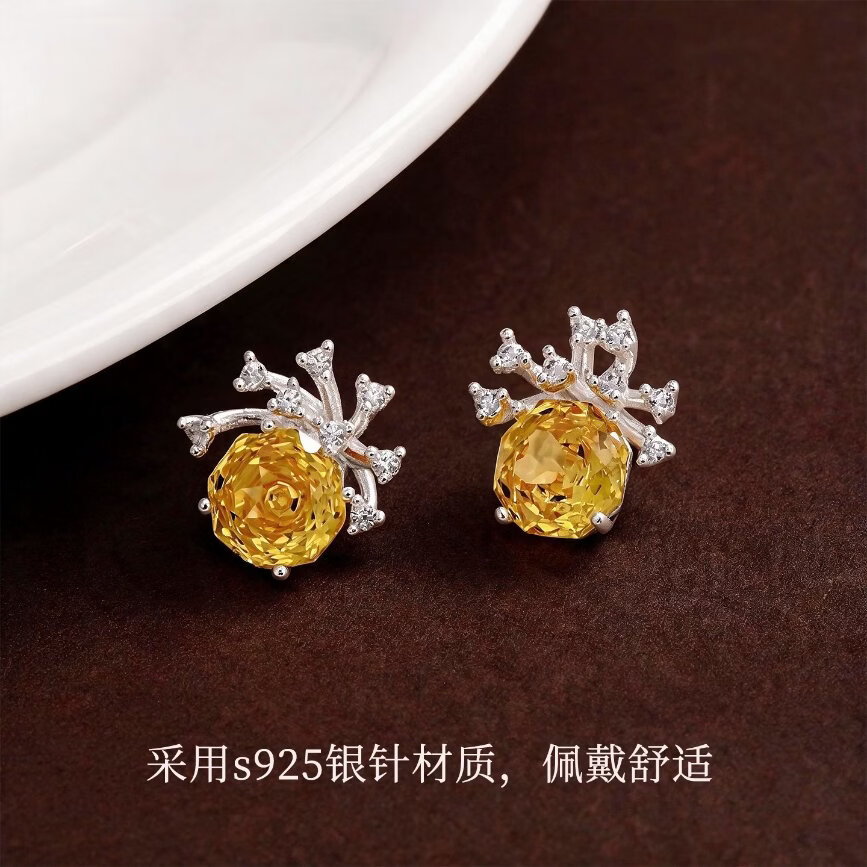 KRISTEN JUDI黄色锆石耳钉女银针玫瑰切方钻闪耳环新款耳饰女友七夕情人节礼物 送女友老婆闺蜜生日礼物