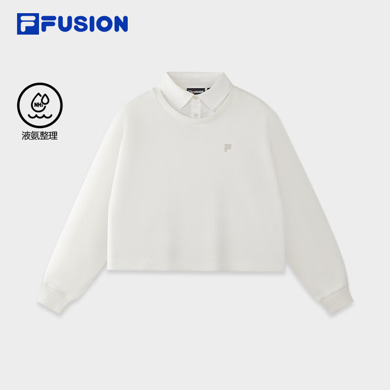 FILA FUSION斐乐潮牌女子套头卫衣2026冬新款宽松假两件针织上衣 云白色-WT M 165/84A/M