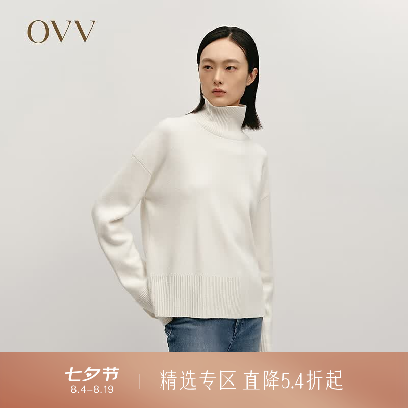 OVV秋冬热卖女装优雅时髦松弛长袖可翻折高领羊绒衫 象牙白 L
