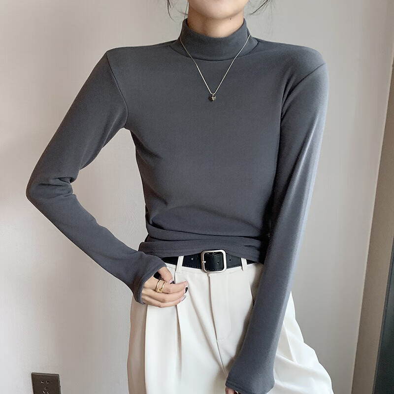 有只绵半高领双面磨毛打底衫女秋冬款内搭纯色加绒加厚保暖长袖上衣 黑色 M 适合70-90斤