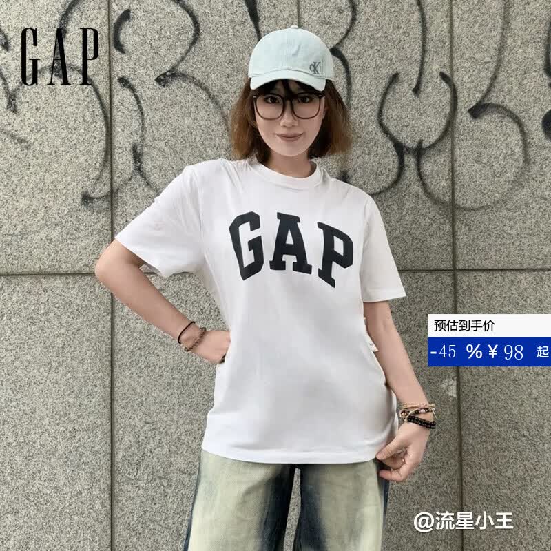 GAP男女装纯棉印花logo圆领修身短袖T恤美版856659 白色 L 美码 XL亚洲码185/104A 【偏小，建议选大一码】