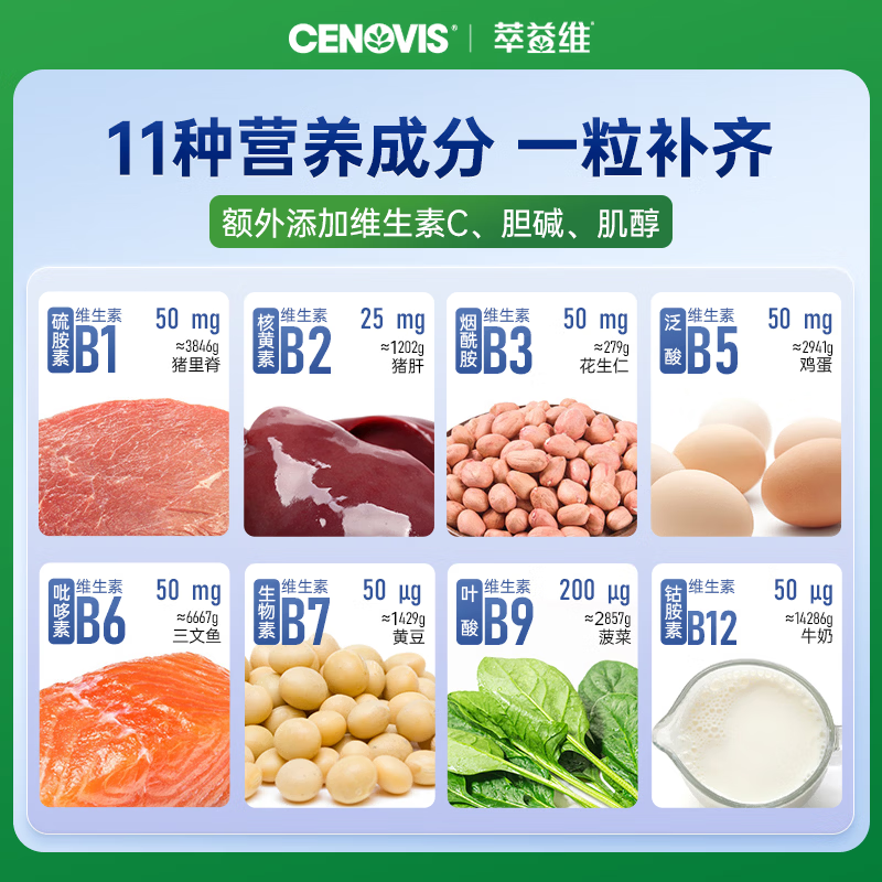 CENOVIS萃益维生素B族多维复合维生素VB片含b1b2b6b12肌醇提代谢燃脂 【熬夜提神】维生素B 200粒*1瓶 效期至27年5月份