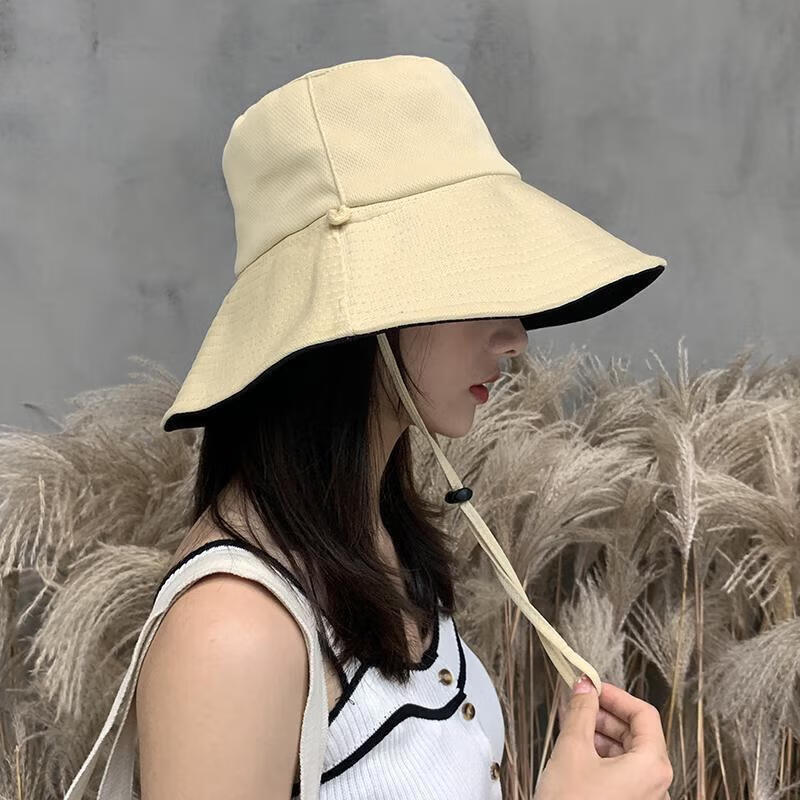 【甄选】防晒双面渔夫帽女夏季遮脸大帽檐遮阳帽防太阳帽子鱼夫折 黑色米色