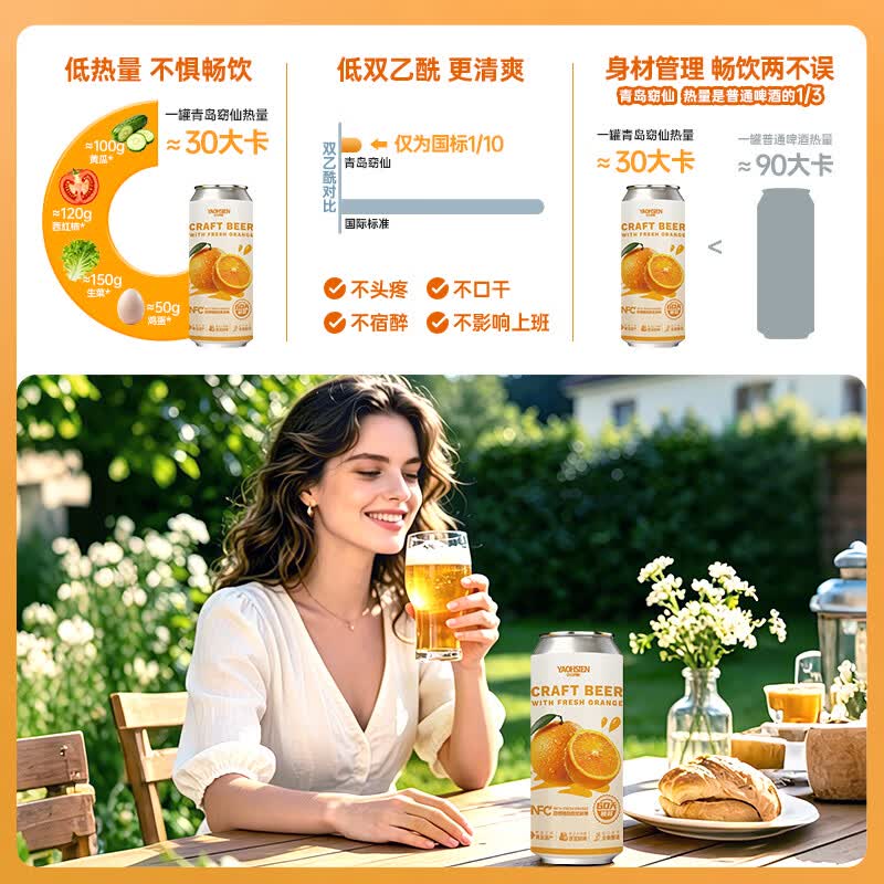 窈仙精酿果啤 青岛特产原浆鲜啤 NFC果汁 28天长周期发酵 低度微醺  原汁麦度8°P 500mL 6罐 整箱装 （NCF甜橙鲜啤）