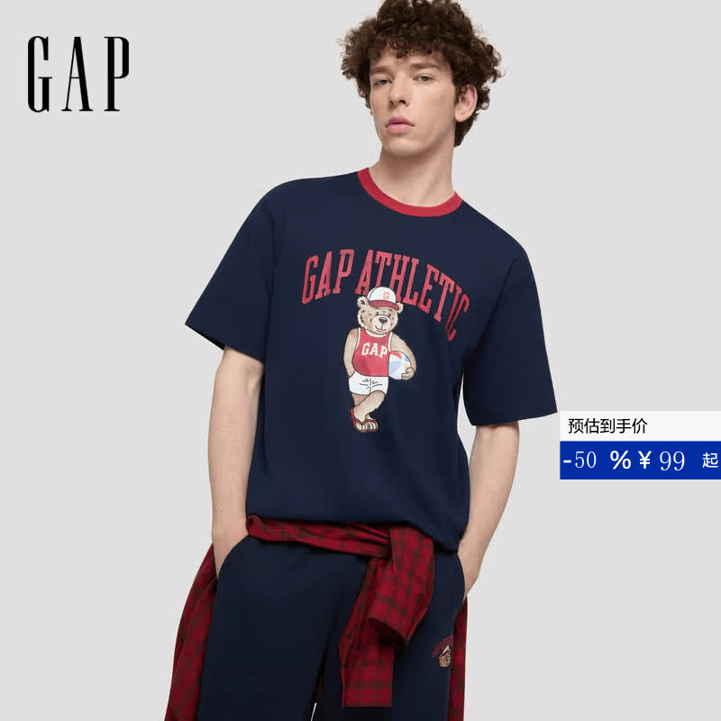 盖璞Gap男女装2026夏季新款logo小熊印花纯棉宽松短袖T恤上衣891498 海军蓝 M (170/92A)亚洲尺码