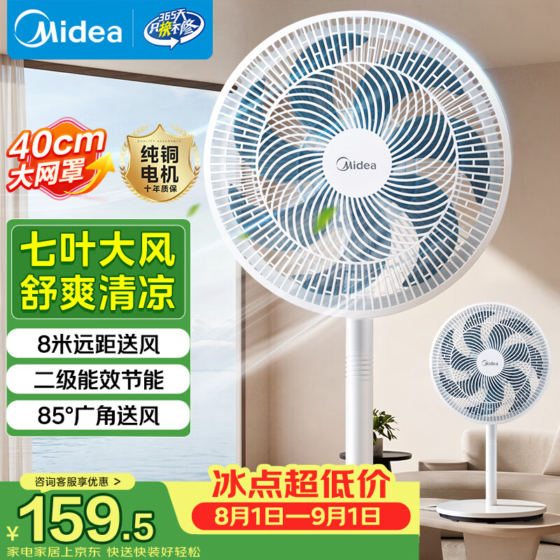 美的（Midea）【加大网罩】七叶轻音柔风电风扇/家用省电落地扇/小型台式电扇/广角摇头大风力宿舍风扇 SAE35CA1
