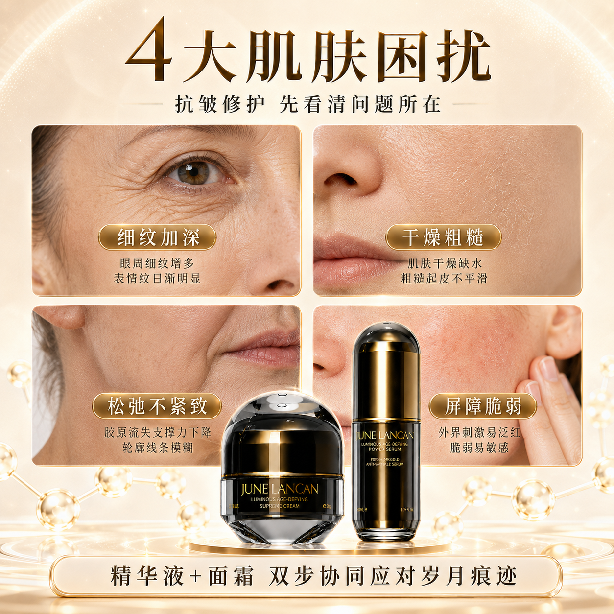 六月连灿精华抗皱紧致抗衰老玻尿酸原液美提拉亮白去黄胶原蛋白护肤品 【日夜协同修护套装】到手六件