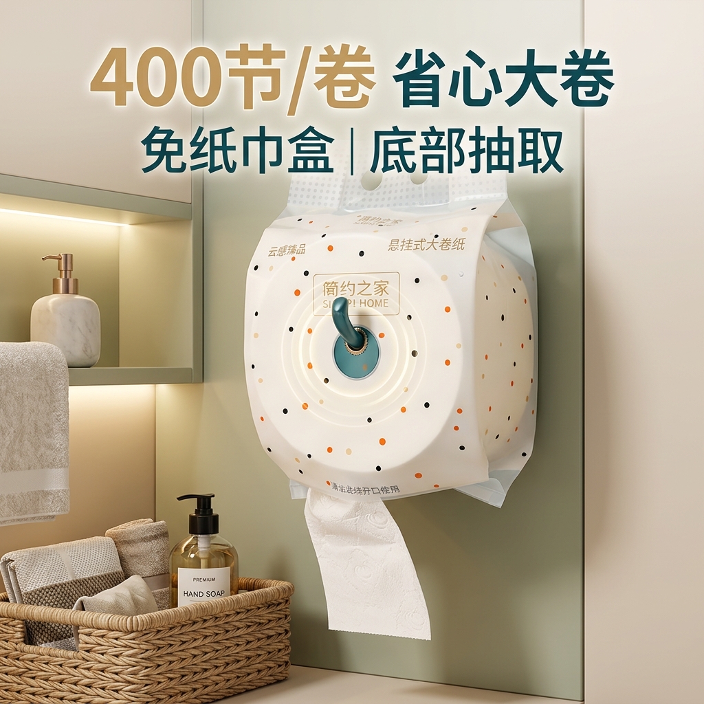 简约之家悬挂式大大卷 卫生纸大盘纸厕纸实惠装家用 纸巾酒店房间卷筒纸 2大卷【厚实安心】赠挂钩