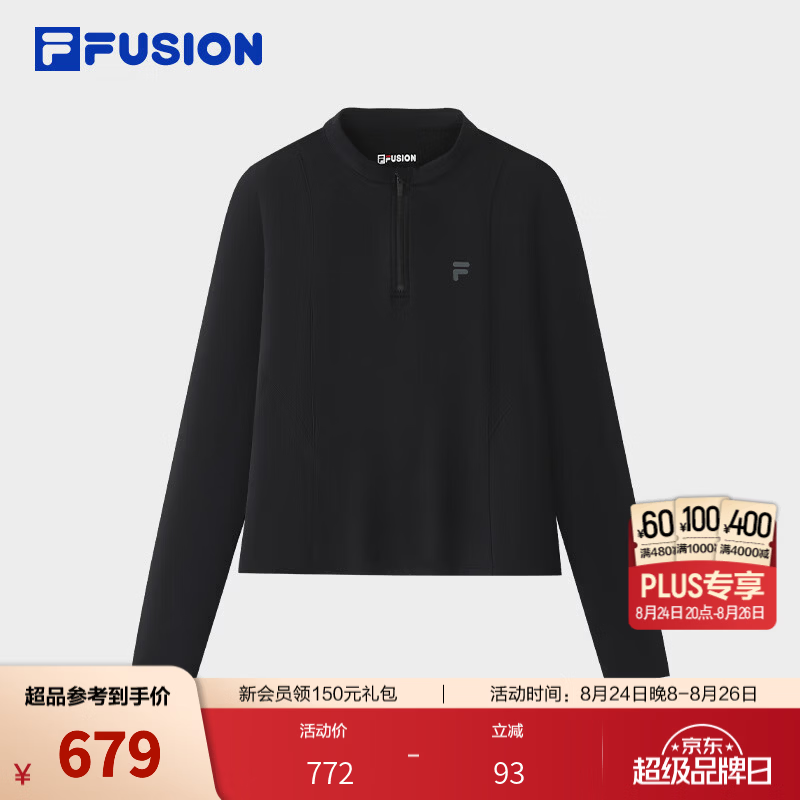 FILA FUSION 斐乐潮牌长袖T恤26秋季新款女士针织拼色半拉链修身长T 正黑色-BK 2XL 180/96A/XXL