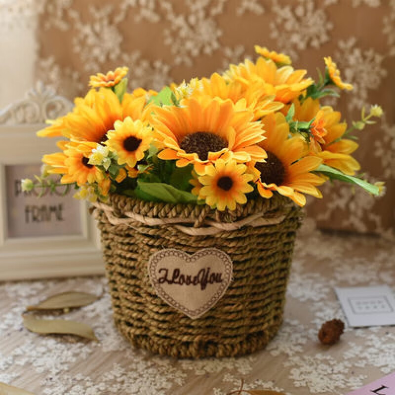 润蕾草编花篮田园柳编花盆家居饰品藤编筐干花插花仿真花 向日葵01款