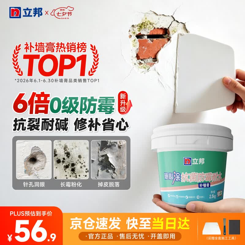 立邦补墙膏墙面修复防霉抗菌墙面修补膏堵洞腻子膏白色2.5kg