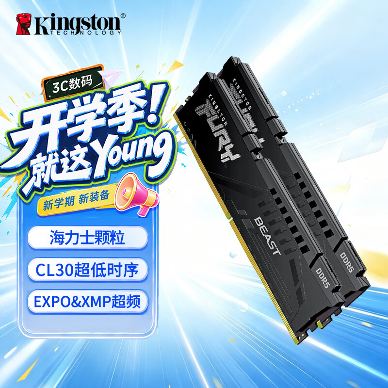 金士顿（Kingston）FURY 32GB(16G×2)套装 DDR5 6000 台式机内存条 Beast 海力士颗粒 CL30 支持XMP&EXPO