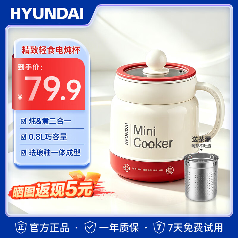 HYUNDAI韩国电炖杯恒温保温陶瓷釉内胆煮火锅多功能便携电饭煲烧水壶养生壶电热水壶恒温壶茶壶温奶器 可视化电炖杯【滤网款】白色款 0.8L