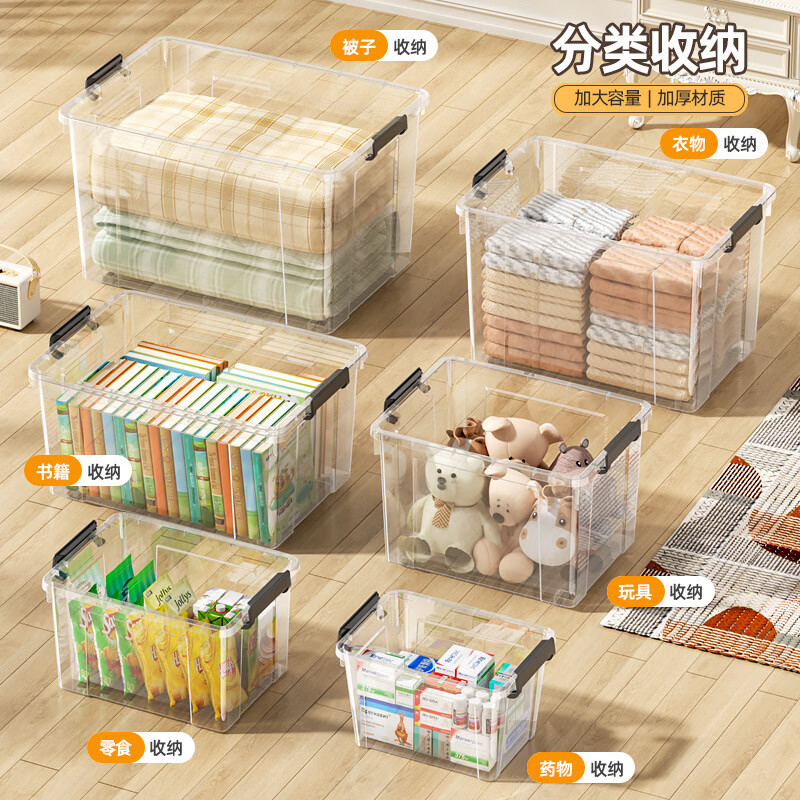 透明特大号收纳箱塑料带盖家用衣服衣物收纳箱超大号储物整理盒 中号 29*21*16cm