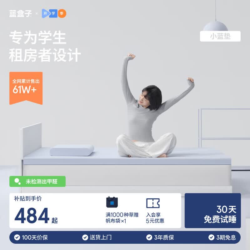 蓝盒子小蓝垫学生宿舍床垫褥子租房专用记忆棉榻榻米 小蓝垫 灰【软硬适中】 0.9*1.9米