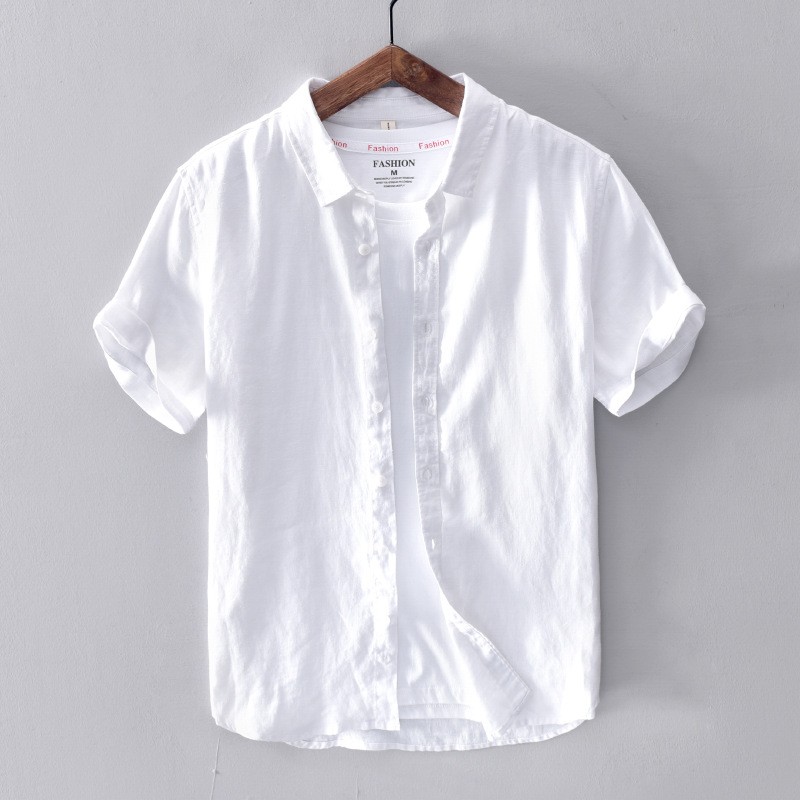 歌世爵夏季简约薄款小清新亚麻男式短袖棉麻白衬衫纯色休闲麻料衬衣 白色 XL