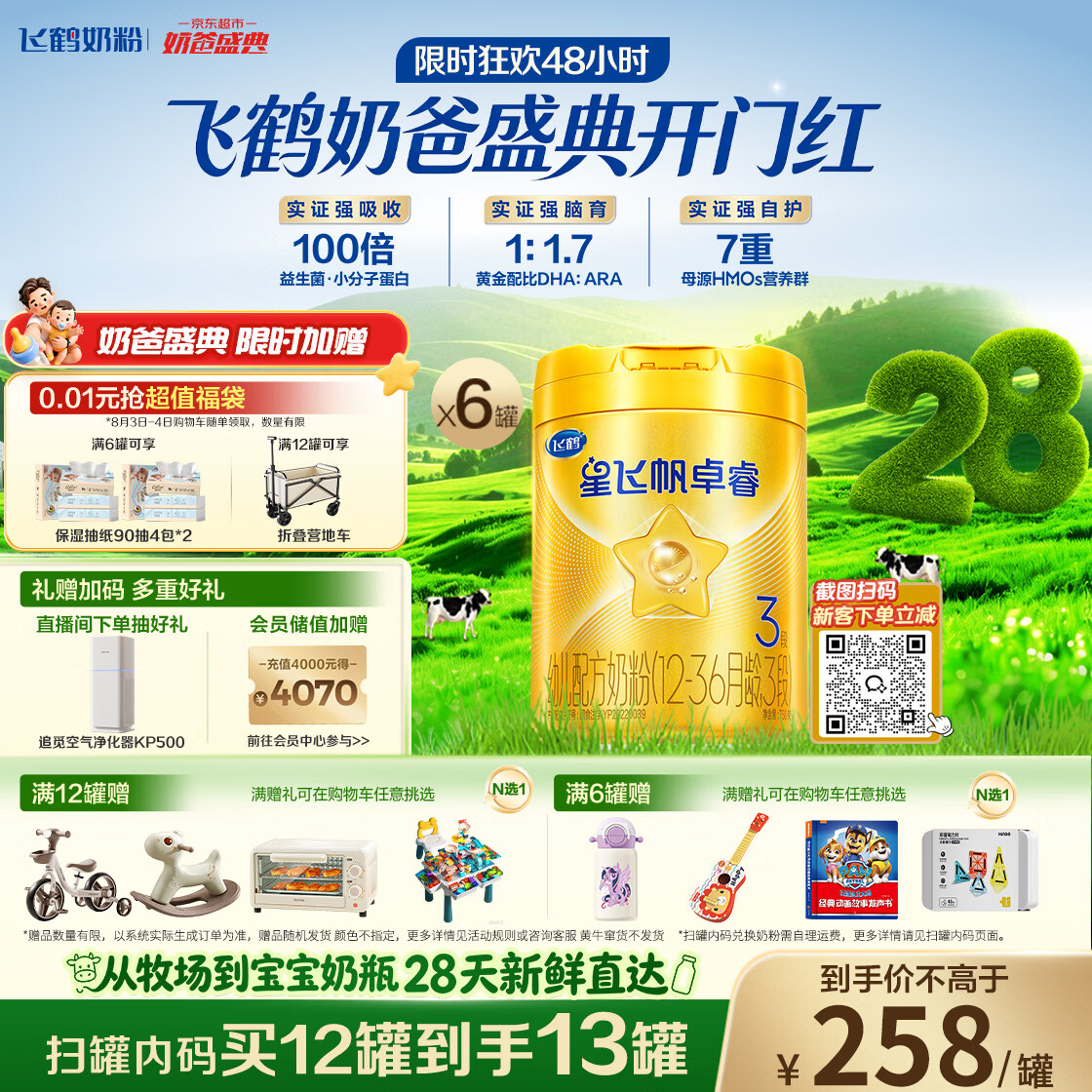 飞鹤星飞帆卓睿3段幼儿配方奶粉1-3岁750g*6乳铁蛋白7种HMO28天新鲜