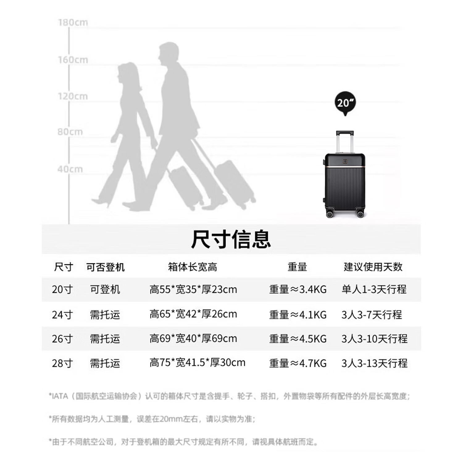 Walker Shop行李箱20寸登机箱2026年新款高颜值旅行箱男女大容量密码拉杆箱子 黑色 20英寸 【登机箱】