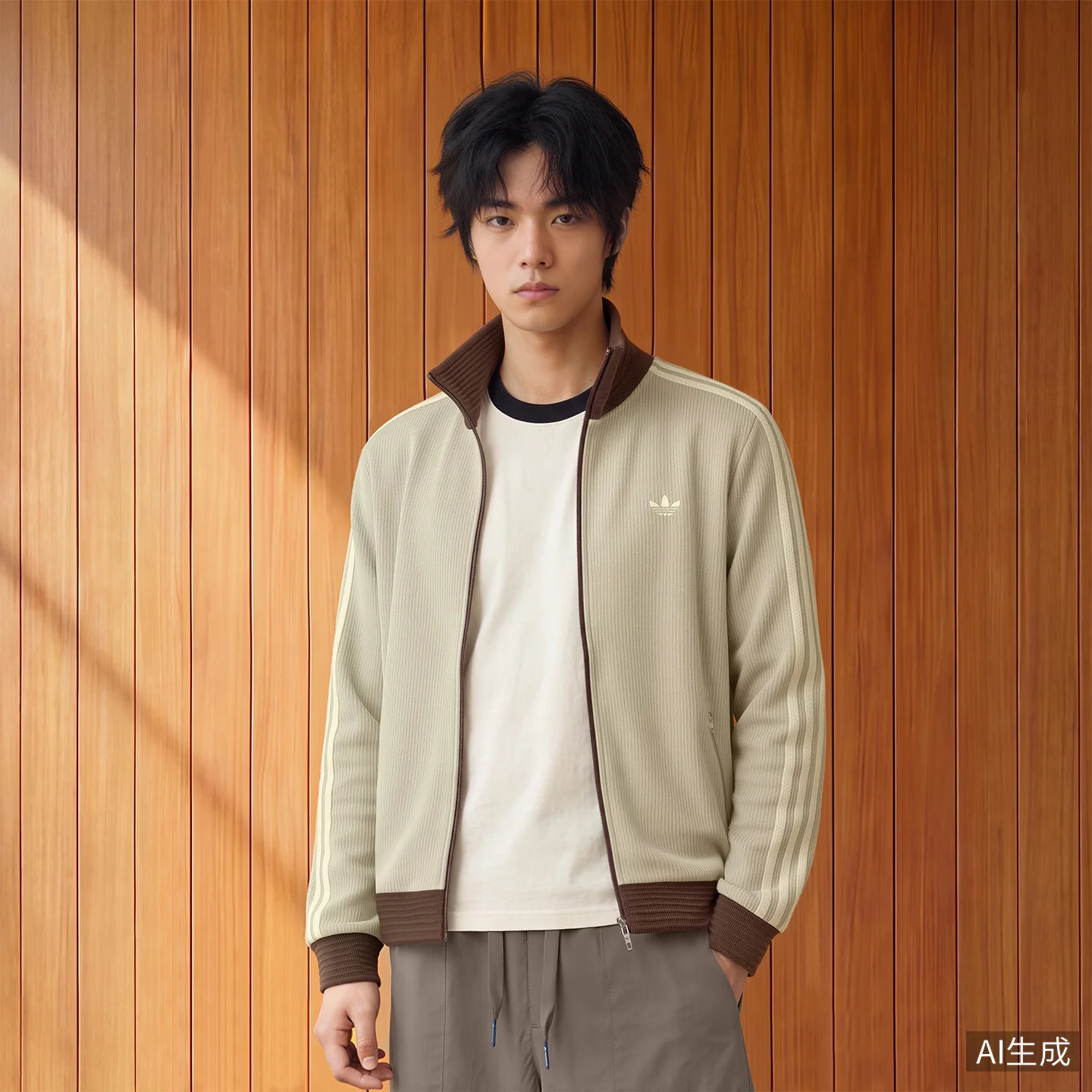 阿迪达斯（adidas）外套男女 情侣款秋新款TRACK TOP U经典宽松三条纹复古风运动外套 LD6434 淡芝麻灰【华夫格面料】 M
