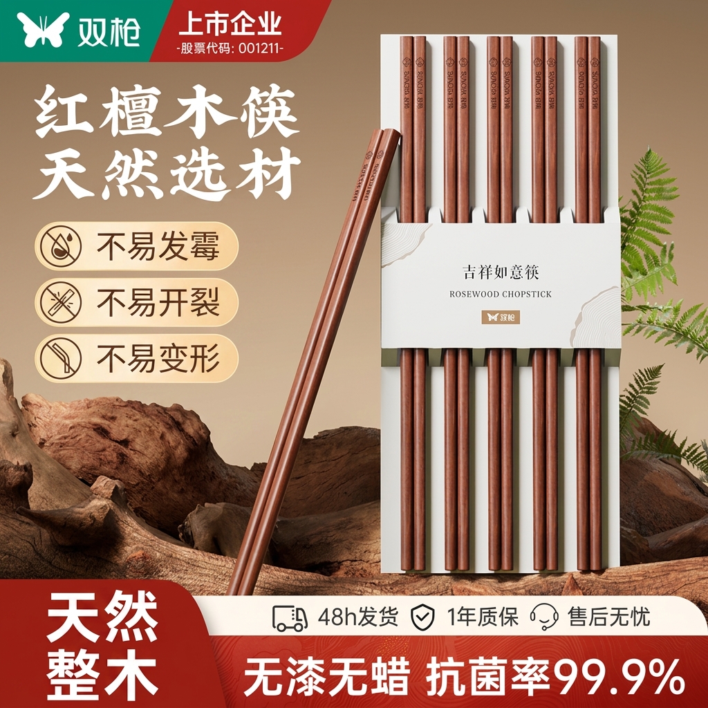 双枪（Suncha）天然红檀木筷不易发霉抗菌木筷家用防滑防霉实木无漆无蜡筷餐具 【吉祥如意】百年红檀木  10双 10双