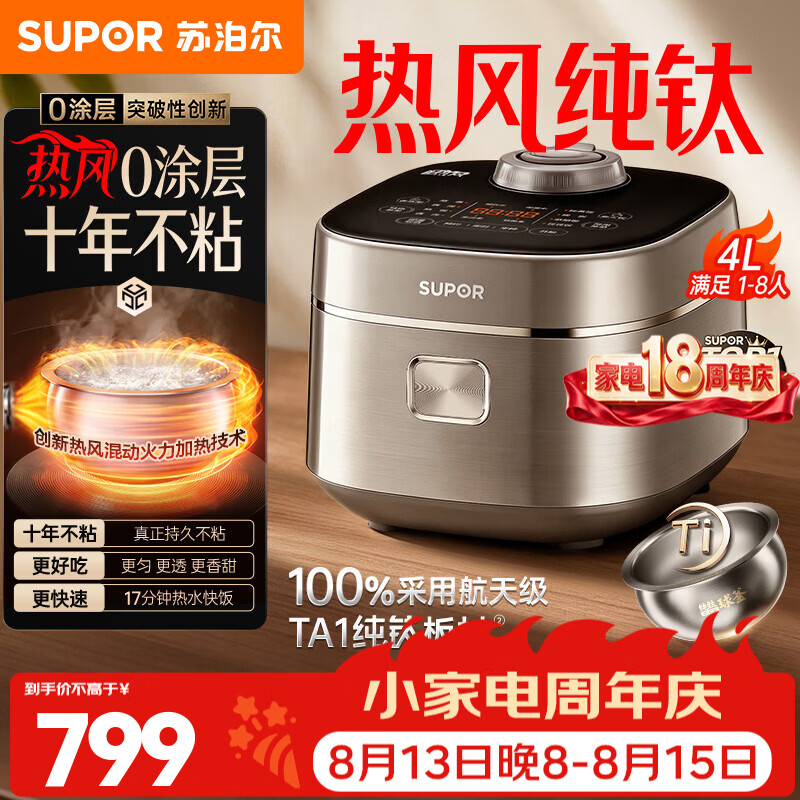 苏泊尔（SUPOR）电饭煲电饭锅 0涂层不粘锅 IH热风球釜纯钛不锈钢智能预约家用3-5-8人用大容量多功能2026年新款 【十年不粘】 4L 丨100%采用纯钛板材