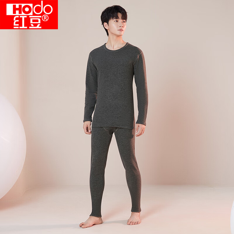 红豆（Hodo）秋衣秋裤男女士舒适圆领纯色百搭保暖内衣套装中厚款 男款-中麻灰 XL 175/100