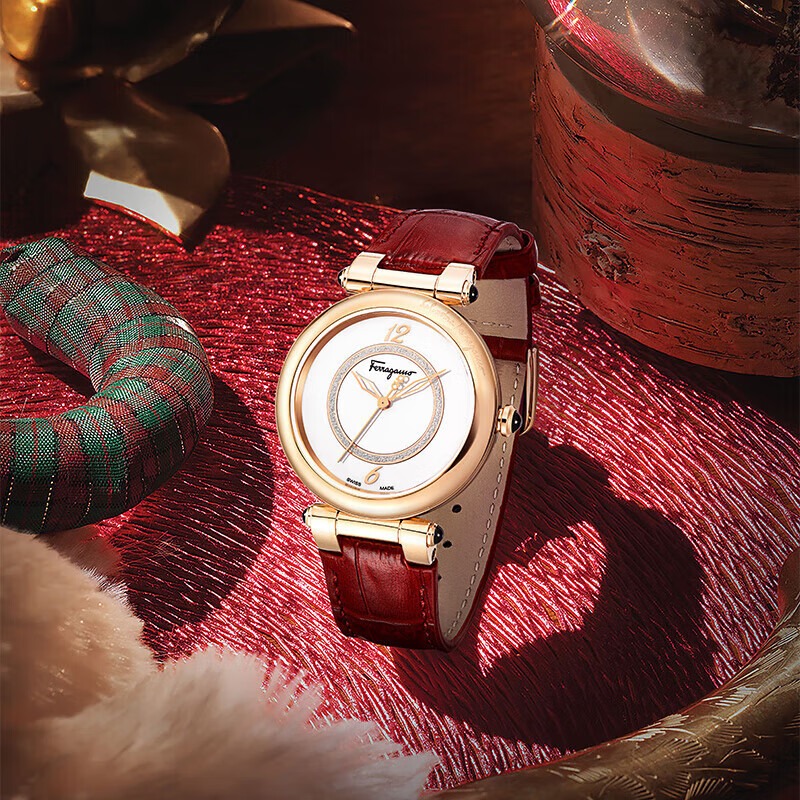 菲拉格慕(ferragamo)女表时尚满天星镶钻表盘红色表带休闲石英手表 送