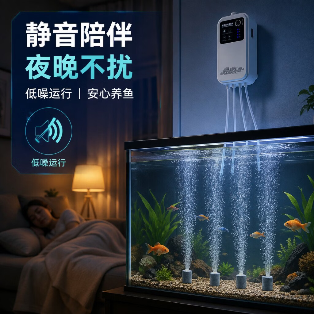 户外钓鱼增氧泵鱼缸氧气泵静音增氧机家用鱼缸给氧充电两用打氧机 户外防水【20w四孔】电池7500毫安+4档