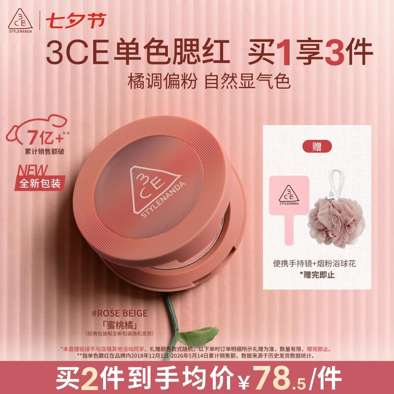 3ce单色腮红水红色ROSEBEIGE蜜桃橘膨胀色 88元到手 送女友生日礼物 七夕必备 3ce单色腮红水红色ROSEBEIGE蜜桃橘膨胀色 88元到手 送女友生日礼物 七夕必备