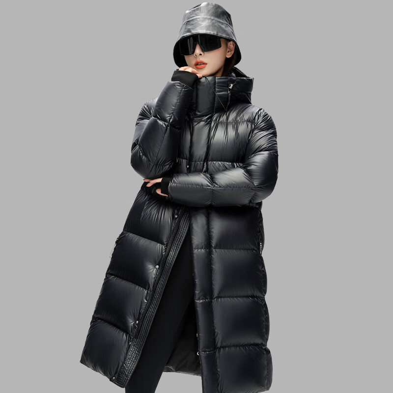 雅鹿白鸭绒羽绒服女长款过膝2026冬季新款黑色连帽保暖外套 黑色 XS