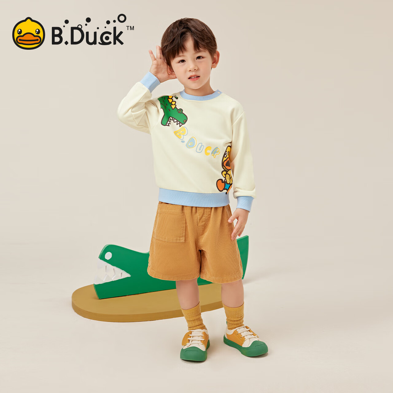 B.Duck小黄鸭童装儿童卫衣宝宝打底套头衫春秋装男童上衣 浅米白 130 cm