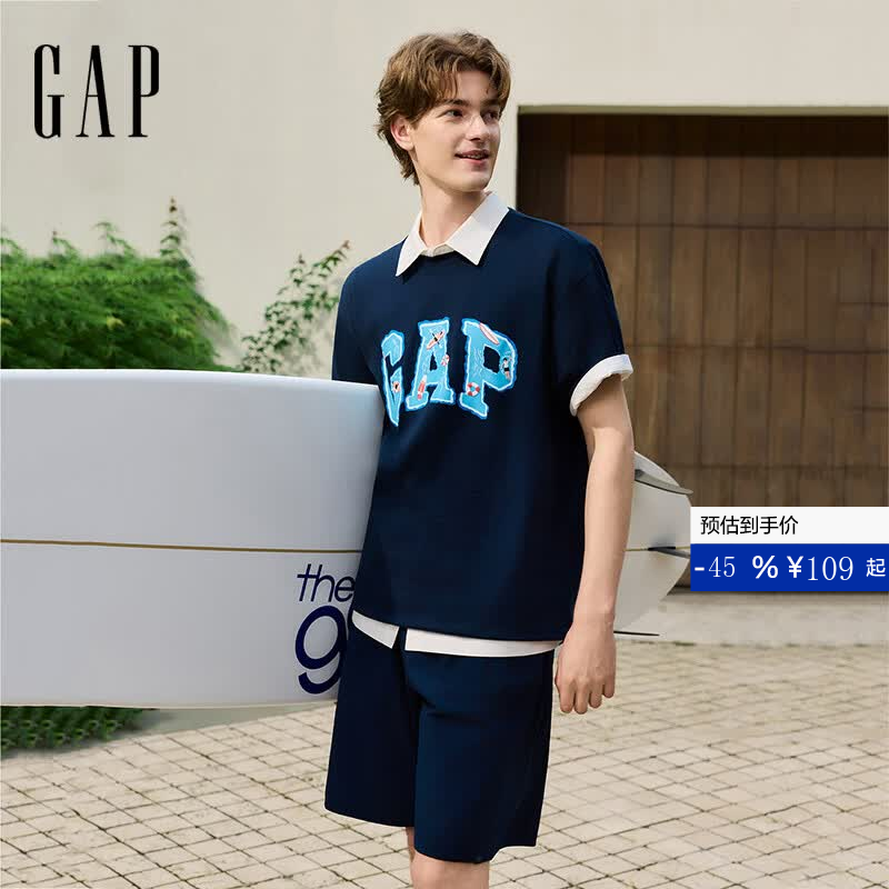 盖璞Gap男女装2026夏季新款纯棉logo印花沙滩圆领短袖T恤上衣891400 海军蓝 M (170/92A)亚洲尺码