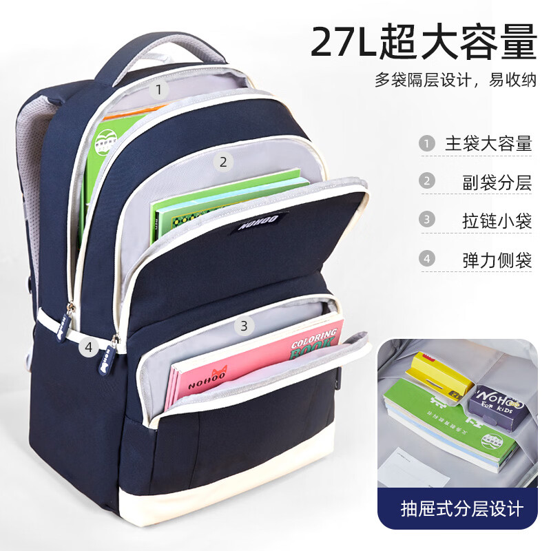 诺狐书包小学生男孩女生一到六年级儿童减负大容量护脊超轻背包 【27升】尼斯蓝+礼品袋