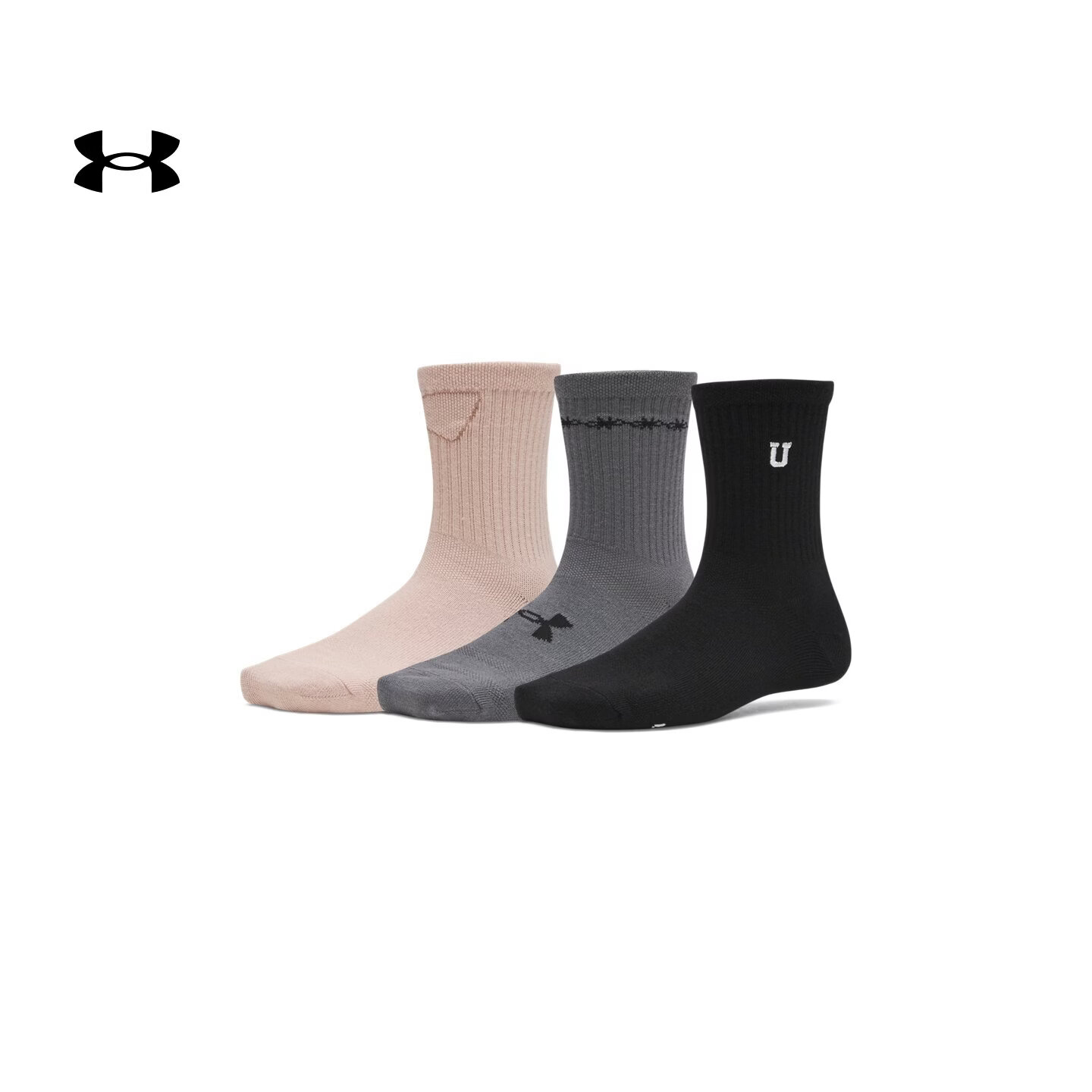 安德玛（Under Armour）【早秋上新】UA Essential女子运动休闲中筒袜-3双装1382942 黑色005 M