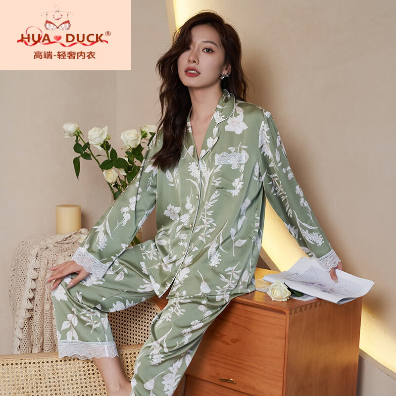 hua · duck国际品牌轻奢侈仿真丝蕾丝印花睡衣女士家居服套装优雅